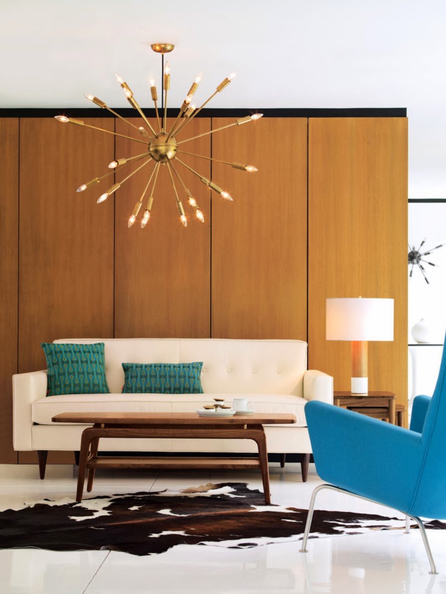 1970s Interior Design Ideas with Photo Examples. Wooden facade of the high furniture set and starburst lamp to decorate living