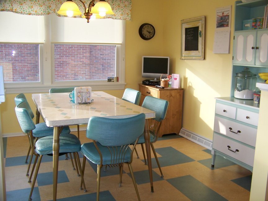 Blue color for the 1970s styled kitchen