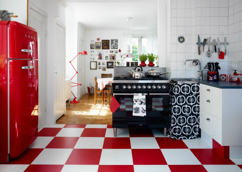 Red and white floor of the retro kitchen