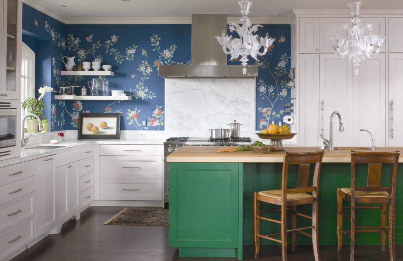 10 Best Kitchen Walls Design Ideas. Blue naturalistic wallpaper for casual styled area