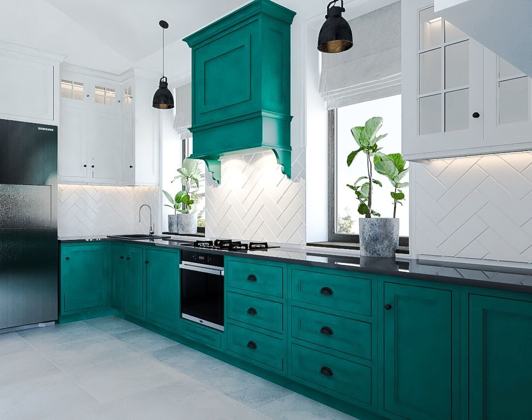 white kitchen turquoise wall