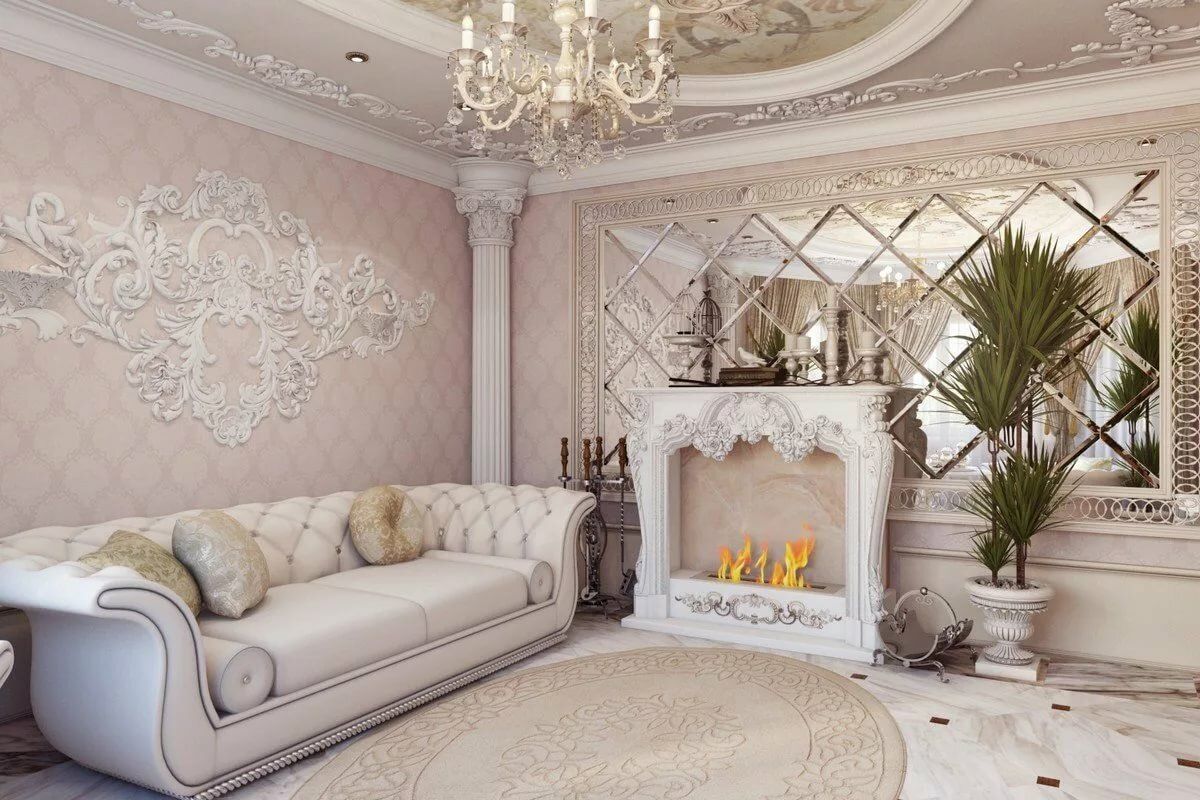 Baroque Living Room: Tips for Creating Chic Room at Home. Lamp chandelier and columns with mirror tiled around the fireplace