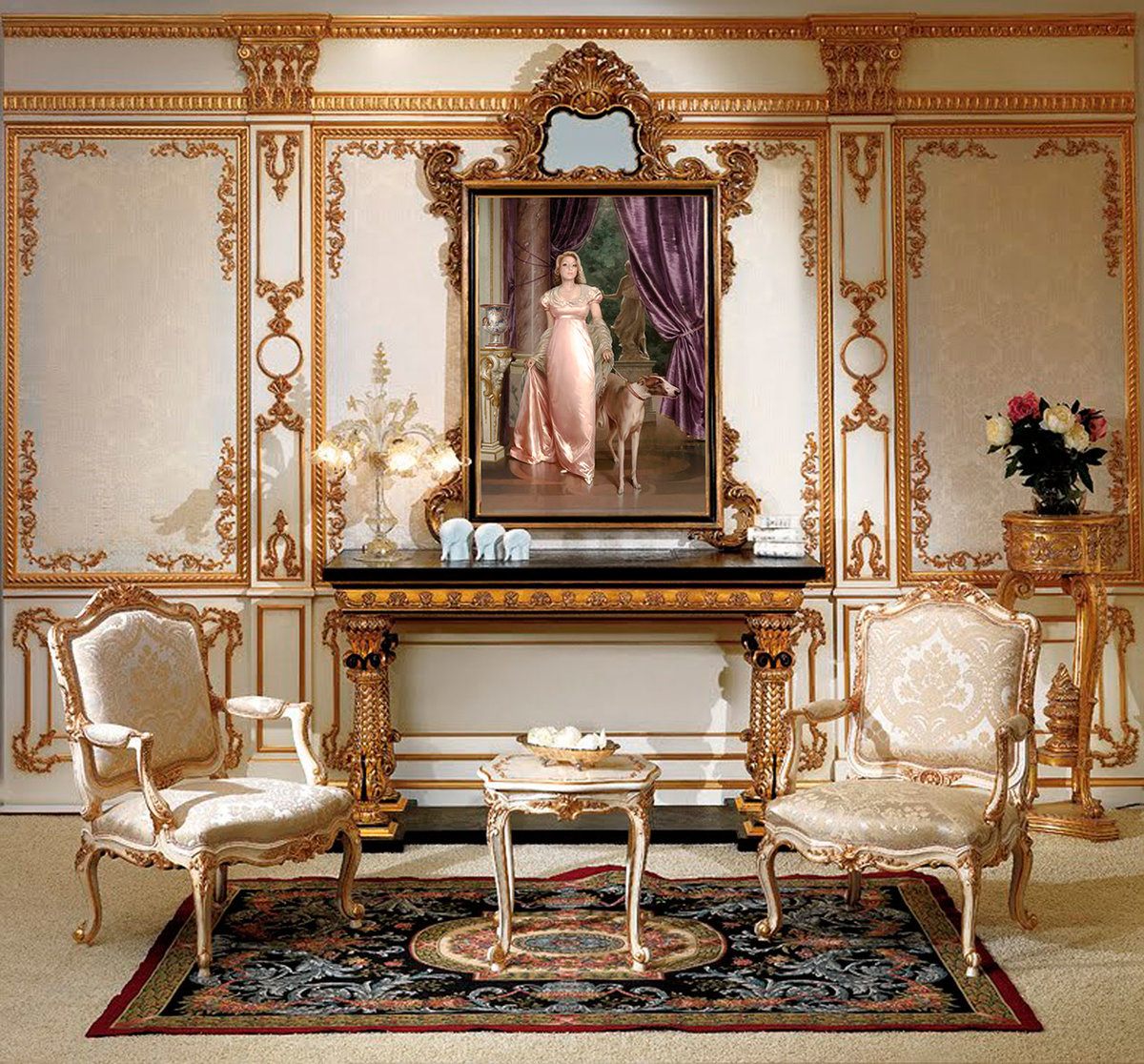 Baroque Living Room: Tips for Creating Chic Room at Home. Artificial fireplace and decorative gilded fretwork